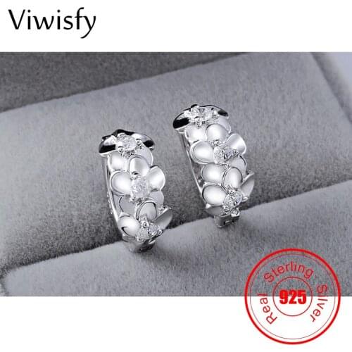Viwisfy Vintage Crystal Flower Jewelry Hoop Earrings Girl Real 925 Sterling Silver Hoops For Women VW21096