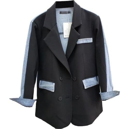 Double Breasted Women Denim Patchwork Blazer 2021 Autumn New Long Sleeve Contrast Color Denim Splicing Coat