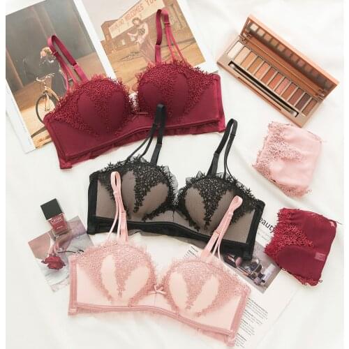 Wasteheart Women Fashion Red Pink Sexy Lingerie Sets Padded Bras Wireless Bra Sets Cotton Panties Women Underwear Set A B