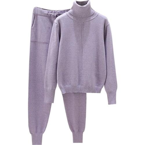 2021 Autumn Winter Women fashion Turtleneck Knitted Sweater Loose Long sleeve tops + Casual Pants two piece set Tracksuit H1079