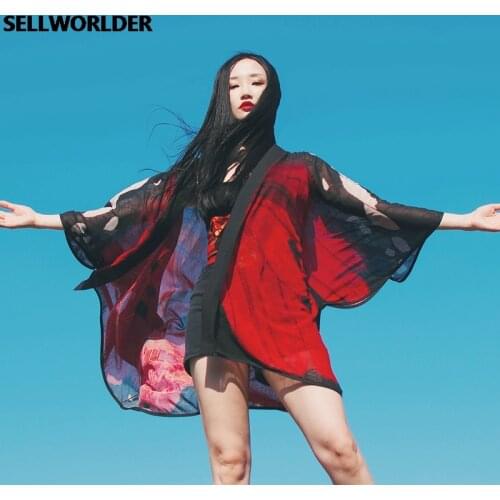 2021 Woman Japanese Kimono Style Red Butterfly Flap Irregular Contour Cut sun Protection Shirt Super Loose Top