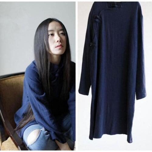 2020 Spring China Style Vintage Dress Women Art Loose Cotton Linen Vestidos Solid Color Long Sleeve Mandarin Collar Dresses