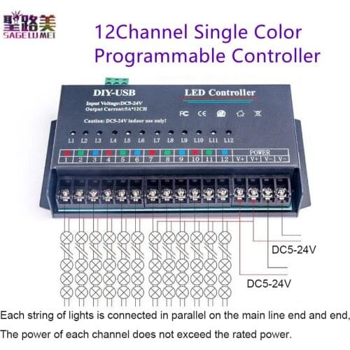 DIY-USB5A*12CH 12Channel Single Color Programmable Controller DC5-24V Running lamp controller for 3528 5050 RGB Led Strip Module