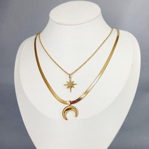 12Pcs/lot Fashion Six-pointed Star and Moon Necklace Female Design Double Clavicle Chain Necklace