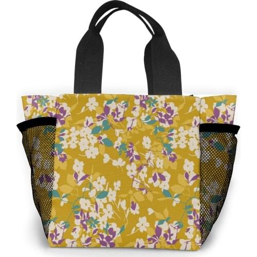 2021 Women Flower Shoulder Bags Canvas Shopping Bag Tote Shopper Purses Side Mesh Handbag For Women Small Groceries Bag