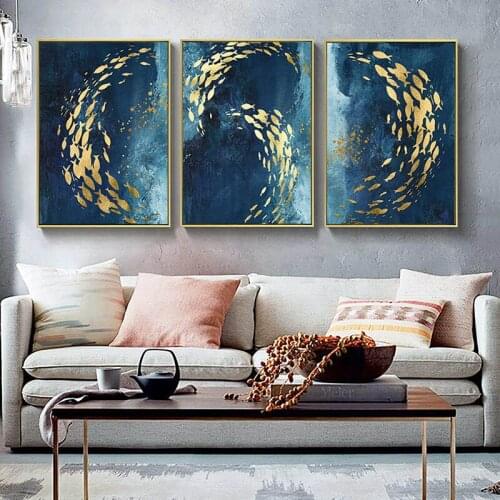 3 Pieces Black Blue Golden Fish Ocean Posters Pictures Canvas Wall Art Decorative Home Decor Paintings Living Room Decoration