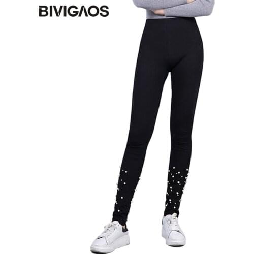 BIVIGAOS Spring Autumn New Pearl Black Leggings Womens Stretch Cotton Sport Workout Leggings Thin Slim Gothic Legging Pants