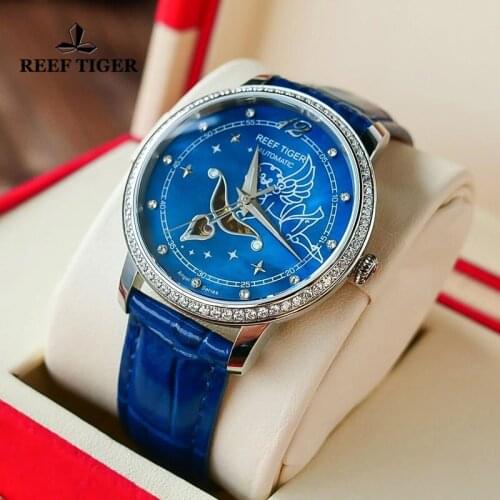Reef Tiger/RT New Fashion Womens Watches Blue Dial Stainless Steel Watches for Lover Diamonds Ladies Watches