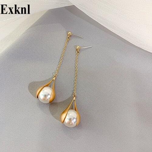 Exknl Elegant Pearl Alloy Drop Earrings for Women Red Korean Long Tassel Dangle Earrings Women Wedding Jewelry Gifts 2020