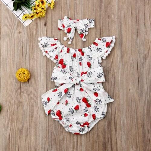 Emmababy Summer Newborn Baby Girl Clothes Fly Sleeve Tassel Strawberry Print Bowknot Romper Jumpsuit Headband 2Pcs Outfits Set