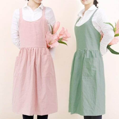 European and American Cross strap Solid Color Literary and Artistic Comfort Garden Cotton and Linen Long Apron