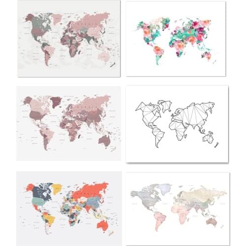 World Map Canvas Print Blush Pink & Hunter Green Map of the World Poster Dorm Decor Modern Wall Art Picture Painting Decoration