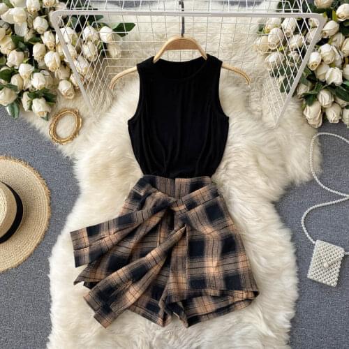 Casual Women 2 Piece Set 2021 Summer Chic Sleeveless Tank Top + Plaid Print High Waist Wide Leg Shorts Suits Women Clothing Sets
