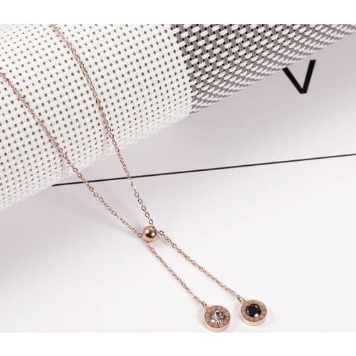Roman Numerals Round Semi-precious Stone Ajustable Length Pendant Rose Gold Color 316L Stainless Steel O-chain Necklaces