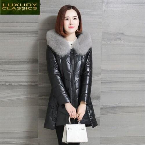 Jacket Genuine Women Leather Natural Sheepskin Coats Female Leather Down Parka Real Fox Fur Plus Size 5XL Jackets LWL1262