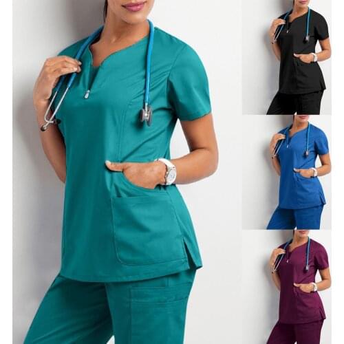 Hot Sale Medical Uniforms Women Short Sleeve V-Neck Pocket Care Workers T-Shirt Tops 2021 Summer uniformes de enfermera mujer