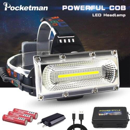 Powerful USB Headlight Powerful COB+LED Headlamp IPX6 Waterproof Head Light Head Torch with Rechargeable 18650 Battery