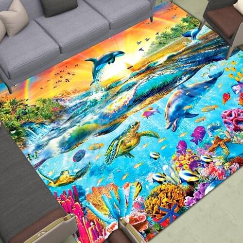 Cartoon Fish Area Rugs Sea World Home Door Living Room Bed Carpet Decor Print Corals Jumping Dolphin Floor Mat Sunshine Rainbow