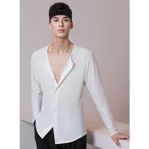Men Latin Dance Clothes Buttoned Stretch Cardigan Shirts Latin Dance Practice Clothes Ballroom Dance Competition Dress SL4433