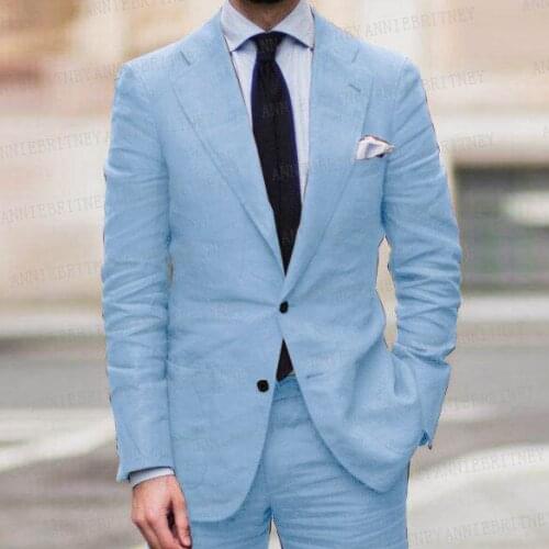 Newest Sky Blue Summer Men Suit Linen Suit Set 2 Pieces Tailored Slim Fit Groom Beach Wedding Suit Tuxedo Blazer with Pants