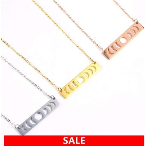 ELANUOYY Moon Phase Square Tag Pendant Necklace Bar Stainless Steel Necklace for Women Girls Triple Goddess Jewelry