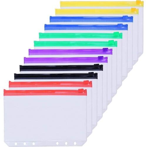 12PCS Binder Pockets A5 Size 6 Holes Zipper Binder Pouch Folders For 6-Ring Notebook Loose Leaf Bags Waterproof PVC Document