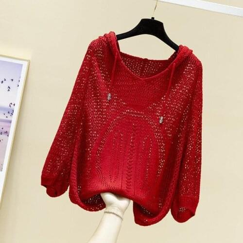 Spring/Summer Hooded Pullover Ladies Hollow Solid Color Sleeve Thin Knitwear New Drawstring Fashion Loose Blouse Vestidos Demuje