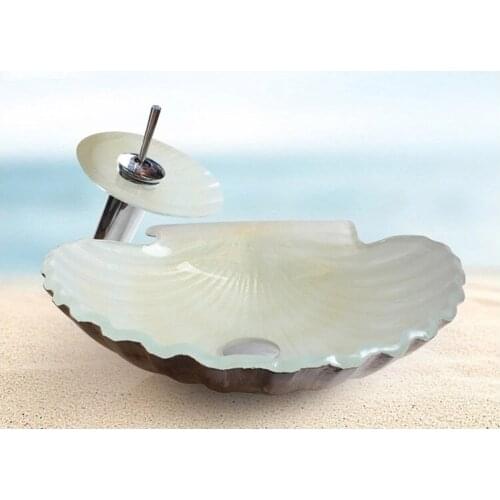 New Style Bathroom Tempered Glass Sink Hot Melt Color Scallop Art Basin Hotel Toilet Countertop Washbowl Set +Faucet +Drainer