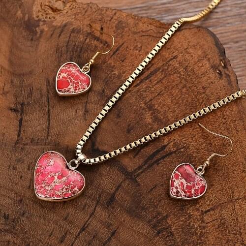 Pink Heart Jewelry Sets Stones Chain Necklace Earrings Women Love Jewelry