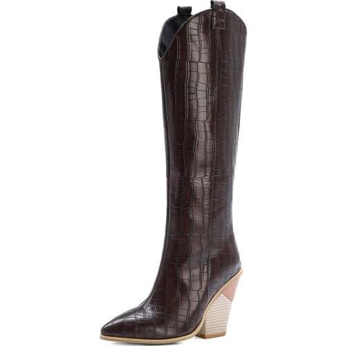 Pointed Snake Grain Wood Grain Slope Heel Knee Boots Brown Stone Grain Thick Heel PU Long Boots Denim Gradient Color Shoes
