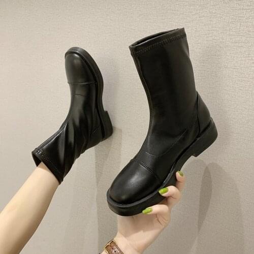 Fashion Women Boots Round Head Mid-calf Warm Winter Boots for Women Slip on Square Low Heel Black Boots sapatos das mulheres