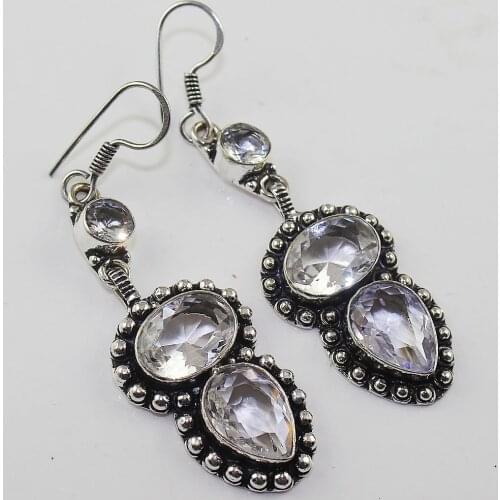 White Topas Earrings Silver Overlay over Copper , 70 mm, E1037