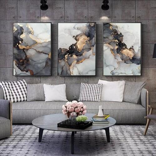 Nordic Grey Golden Fluid Art Marble Texture Abstract For Modern Home Living Room Decoration Wall Art Canvas Poster And Print