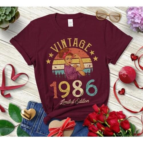 Vintage 1986 Limited Edition Retro Womens T-Shirt Funny 35th Birthday Gift Idea 100%cotton Grandmom Mom Wife Girl Daughter Shirt