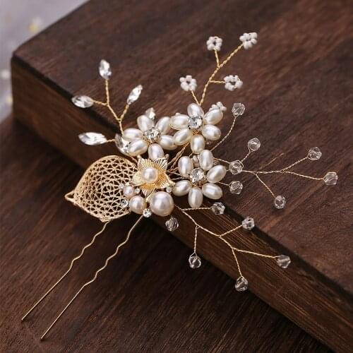 Festival Wedding Alloy Leaves Rhinestone Pearl Flower U-Shape Hairpin Beautiful Bride Headdress Plait Hair Clip Vine Accessories