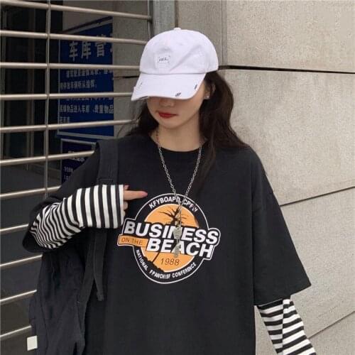 Spring And Summer Striped Fake Two-Piece Long-Sleeved t-Shirt Women 2021 Loose Korean Harajuku Style Thin Women' Top