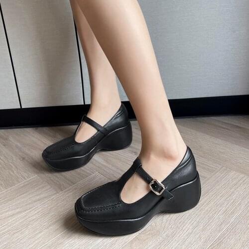 Genuine Leather Woman Shoes Fashion Women Spring/Summer Pumps Square Toes Wedge Heels Ladies Mary Jane Vintage Shoes White/Black