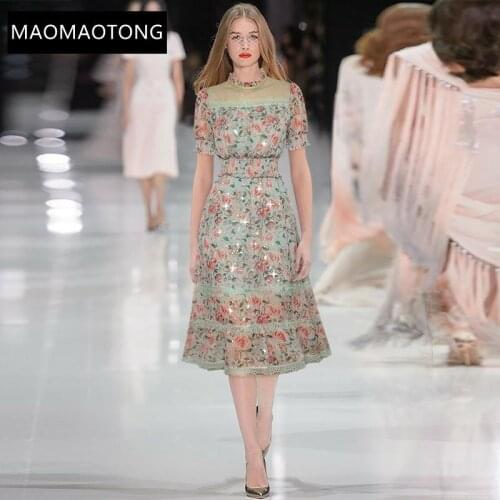 Womens Clothing Fashion Designer Summer Dress Womens Dress Stand collar Short sleeve Lace Elastic waist Floral-Print Dresses