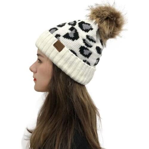 XEONGKVI Europe Leopard Grain Flanging Knitted Cap Winter Warm Brand Artificial Fox Hair Venonat Woolen Yarn Hats For Women