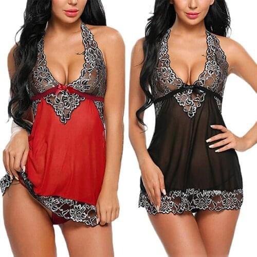2021 S-3XL Deep V Neck Women Lace Sexy Lingerie Hot Erotic Bow Transparent Dress Porno Costumes Drop Shipping