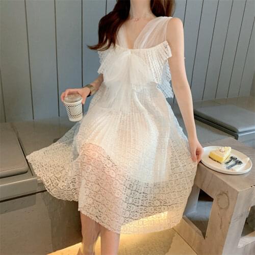 Women Summer Fashion Mesh Dress Backless Sexy V Neck Oganza White Chic Party Dress Sleeveless Retro A Line Holiday Fairy Dress