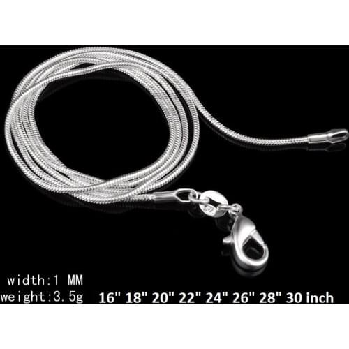 20pcs/lot 925 Silver Plated 1MM Snake Chains For Charms Necklaces Choker 16-30 Inch DIY Jewelry Making Findings
