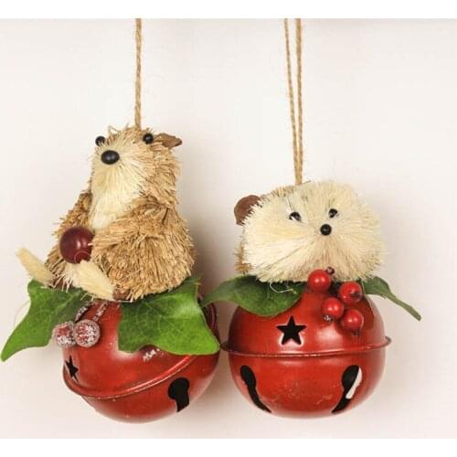 3.5" Christmas Tree Bells Straw Bear&Hedgehog Pendant Home Decorations Noel Jingle Bells Metal Decor Craft Ornament Bell