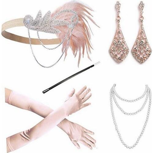 5Pcs/set 1920S Accessories Vintage The Great Gatsby Ladies Stage Perform Feather Headband Necklace Gloves Earrings Cosplay Set