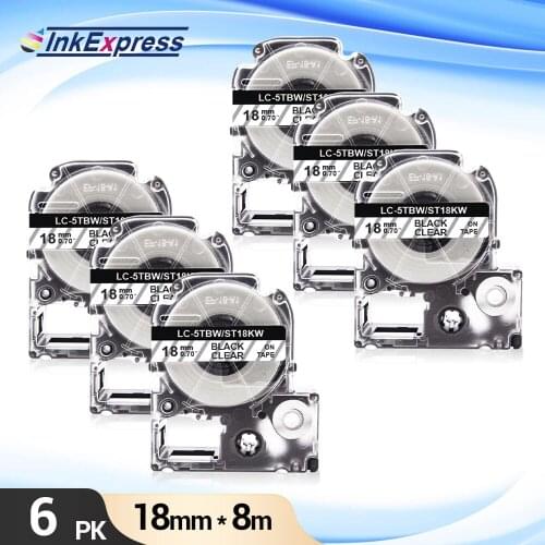 6Pcs ST18KW Tape for ST18KW LK-5TBN Label Tape 18mm Black on Clear Label Cartridge for Epson King Jim LW-400 LW-700 Label Maker