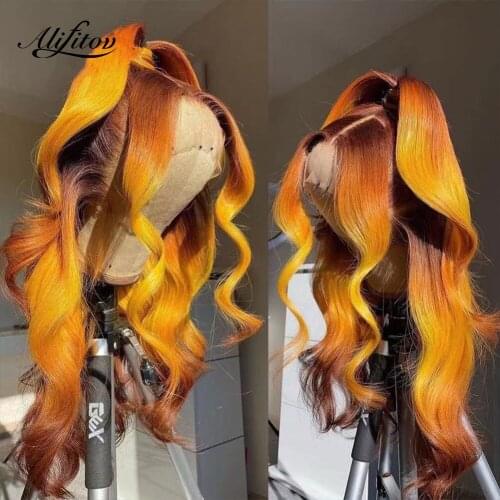 ALIFITOV Highlight Ginger Lace Front Wigs Ombre Orange HD Lace Frontal Human Hair Wigs Pre Plucked Colored Body Wave For Women