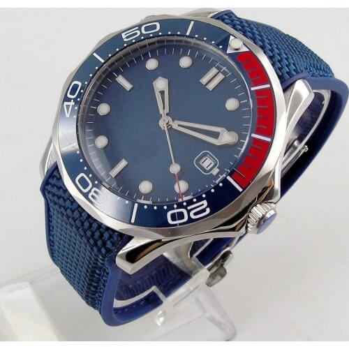 Automatic Mens Watch Blue Dial MIYOTA 8215 Blue Red Ceramic Bezel Rubber Screw Crown Sapphire Crystal