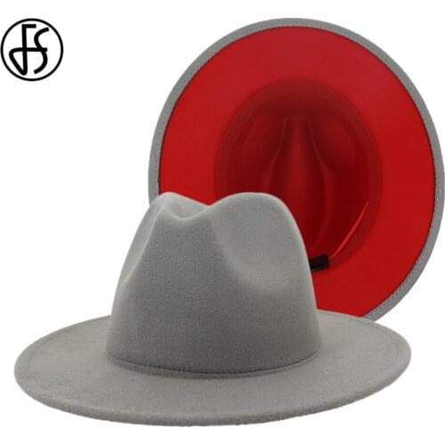 FS 60CM Hat 2020 Grey Red Patchwork Felt Hat Women Men Wide Brim Wool Jazz Fedora Hats Panama Trilby Cap Trend Gambler Caps