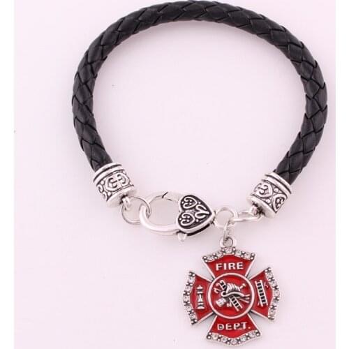 Classic Charm Bracelet Fire Fighting Sign Pendant Jewelry FIRE DEPT Written Crystals Leather Chain Zinc Alloy Dropshipping