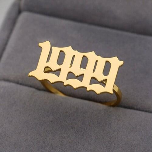 Rose Gold Custom Old English Number Birth Date Year Rings Handmade Personalized Name Ring Stainless Steel Jewelry Anniversary